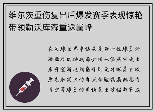 维尔茨重伤复出后爆发赛季表现惊艳带领勒沃库森重返巅峰 维尔茨重伤复出后爆发赛季表现惊艳带领勒沃库森重返巅峰