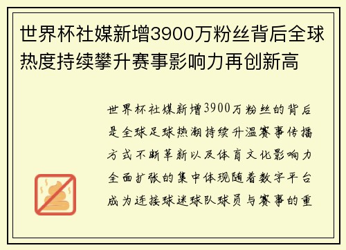世界杯社媒新增3900万粉丝背后全球热度持续攀升赛事影响力再创新高 世界杯社媒新增3900万粉丝背后全球热度持续攀升赛事影响力再创新高